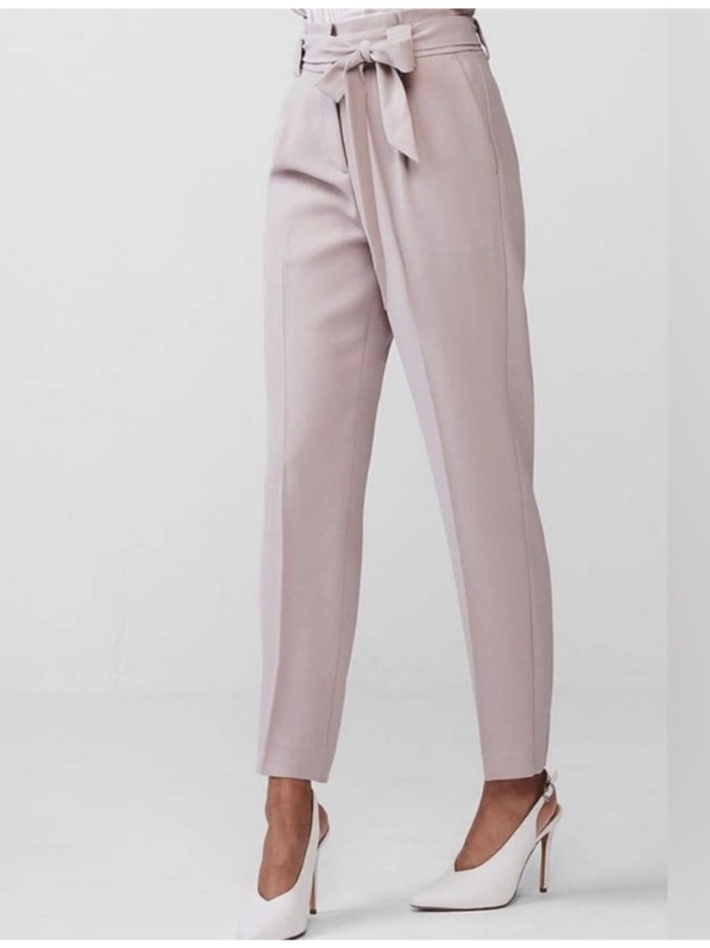 High-Rise Tie-Waist Tailored Pants in Light Blush Express